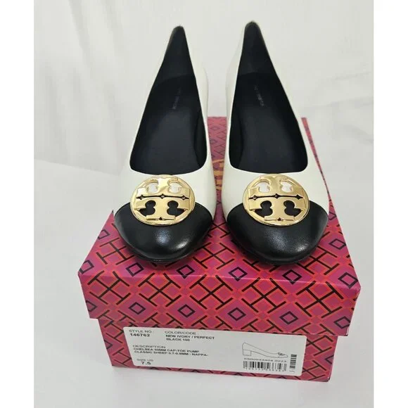 Tory BurchChelsea Cap-Toe Slip-On Dress Block Heel Ivory/perfect Black #7.5